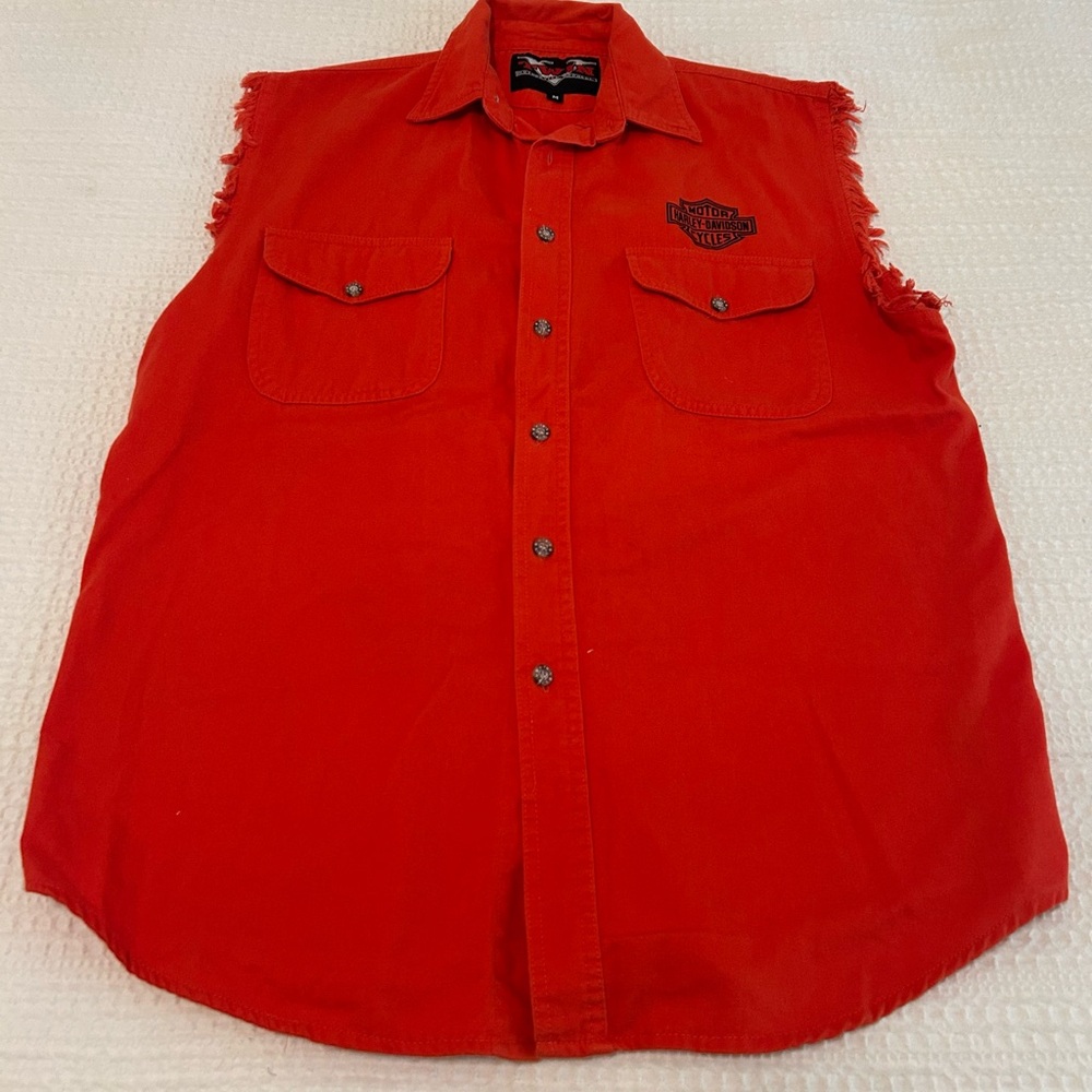 VINTAGE V Twin Motorcycle Harley Apparel Cut Off Vest  Orange Sleeveless Med